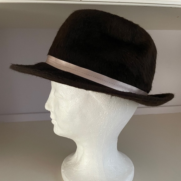 Ann Taylor Hat in Velour Felt, Brown with pink ribbon, Made in USA - Picture 2 of 5